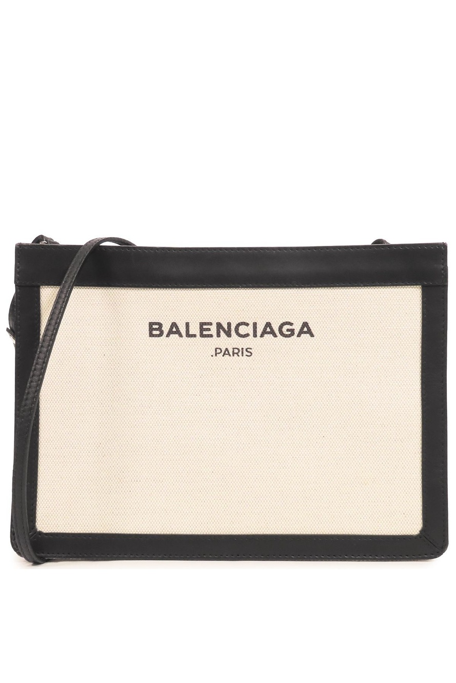 Balenciaga Navy Pochette Ivory Black Canvas Leather 2-Way Clutch